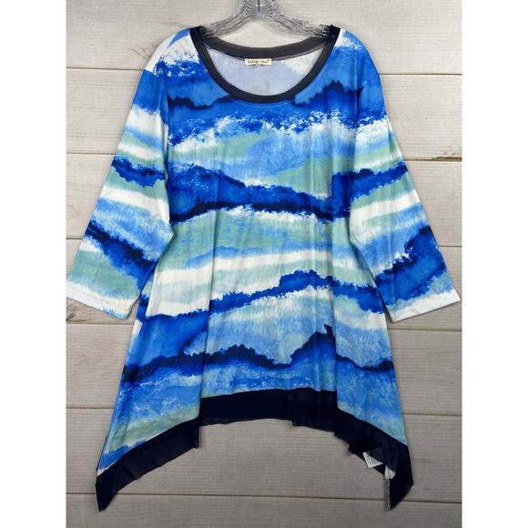 indigo soul Tops - INDIGO SOUL Tunic Top XL Blue Watercolor Stretch Trim Sharkbite Hem 3/4 Sleeve
